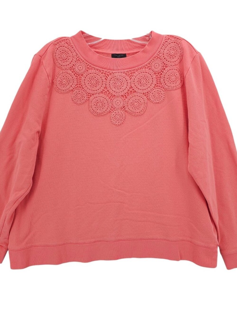 TALBOTS Circle Lace Crewneck Sweatshirt Pink Coral Crochet Detail Size XLP